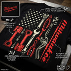 Men's Vintage Milwaukee Tools Mechanic Graphic Tee - All-Season Wear, Basic Loose Round Neck Short-Sleeve Black Cotton Tshirt, USA Flag Print Menswear Tops