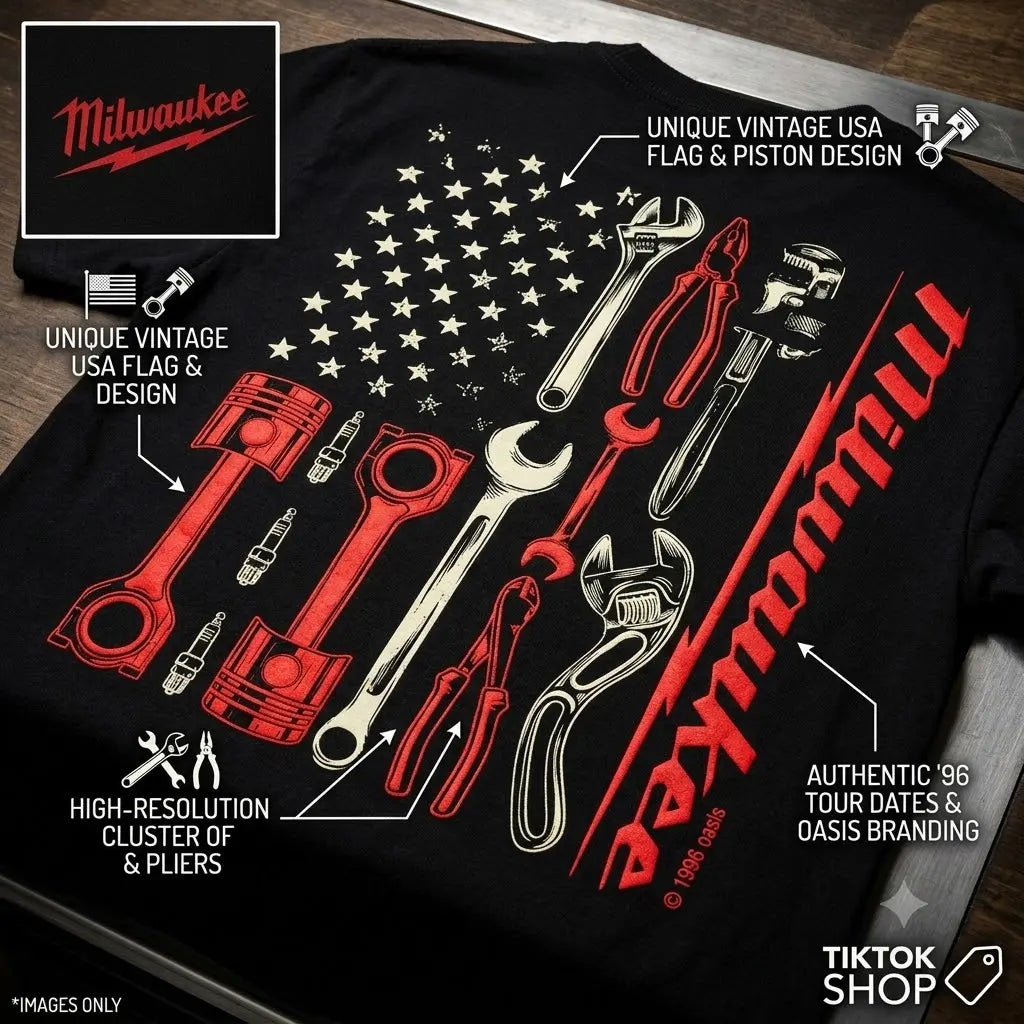 Men's Vintage Milwaukee Tools Mechanic Graphic Tee - All-Season Wear, Basic Loose Round Neck Short-Sleeve Black Cotton Tshirt, USA Flag Print Menswear Tops