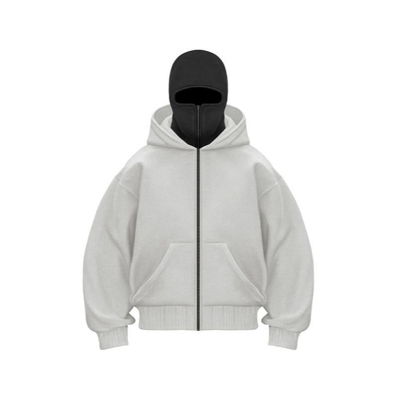 Balaclava Hoodie With Built-In Zip - Black Polyester Long Sleeve Men's Athletic Sweatshirt for Autumn Winter Sports & Casual Wear