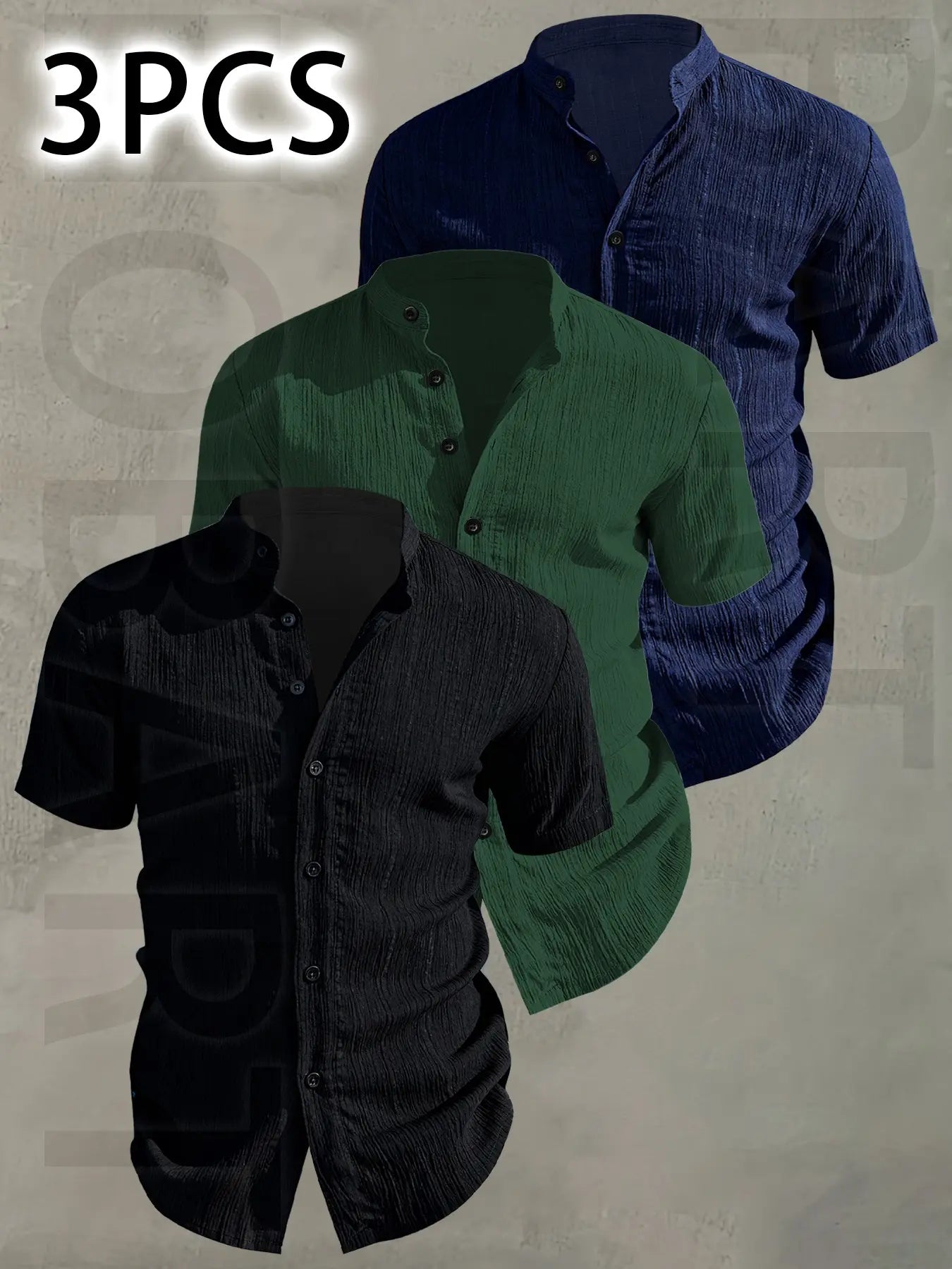 3pcs Men's Summer Lightweight Casual Button-Up Shirts with Stand Collar