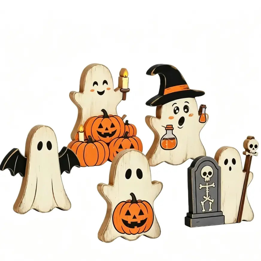 6PCS Halloween Wooden Shelf Sitter Set – Cute Ghost, Pumpkin & Black Cat Table Decor | Rustic Farmhouse Halloween Tiered Tray Decorations | Fall Home & Office Party Display