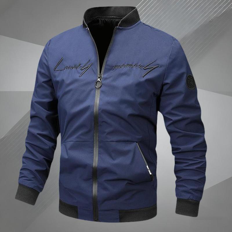 Men's Zip-Up Pilot Jacket - Sporty Chic Fitted Long-Sleeve Polyester Outerwear with Pockets, Letter Embroidery, Machine Washable Zip Up Sportswear for Casual Use