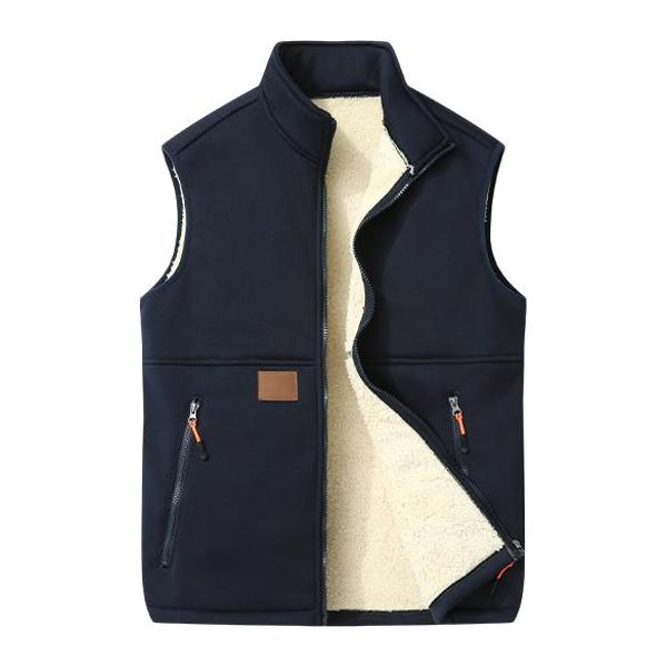 Men’s winter fleece-lined warm vest, sleeveless with full zipper closure and zippered pockets, available in multiple colors.