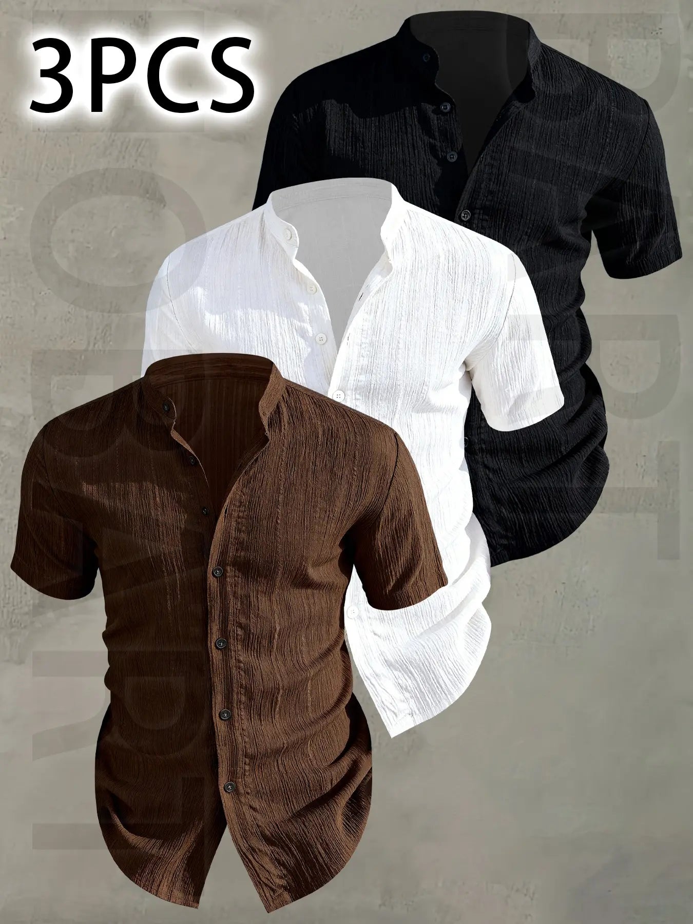 3pcs Men's Summer Lightweight Casual Button-Up Shirts with Stand Collar