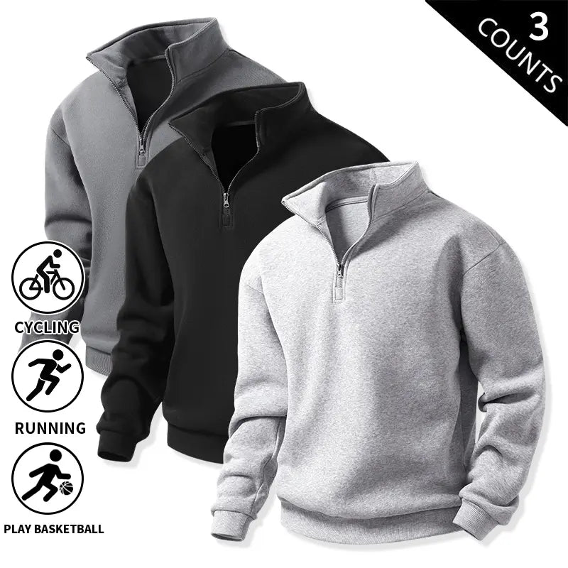 Men’s 3-Pack Quarter-Zip Fleece Sweatshirts, Soft Stand-Collar Loose-Fit Athletic Long-Sleeve Pullover Tops