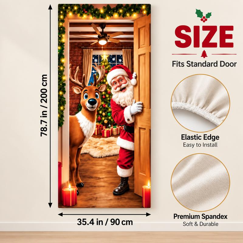 Colorful Santa Theme Reindeer Print Stretch Fabric Christmas Door Cover - 4-Side Elastic Edges, Slip-On Stretch Fit Banner for Front Door Holiday Decorating Home Supplies,outdoorfun