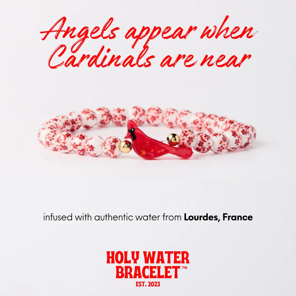 Holy Water Porcelain Red Cardinal Bird Bracelet, 6.8" Circumf., Waterproof Gold Accents, Flexible Stretch Cord for Easy Wear