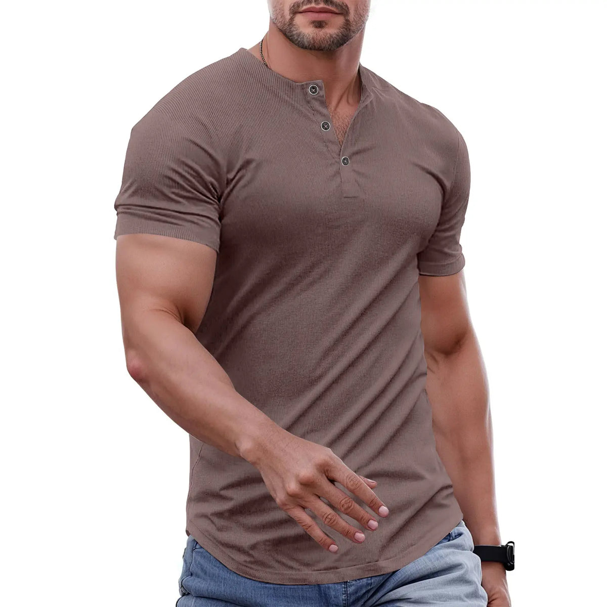 Men's Slim Fit Henley Athletic Longline Workout T-Shirt Heavyweight Stretch