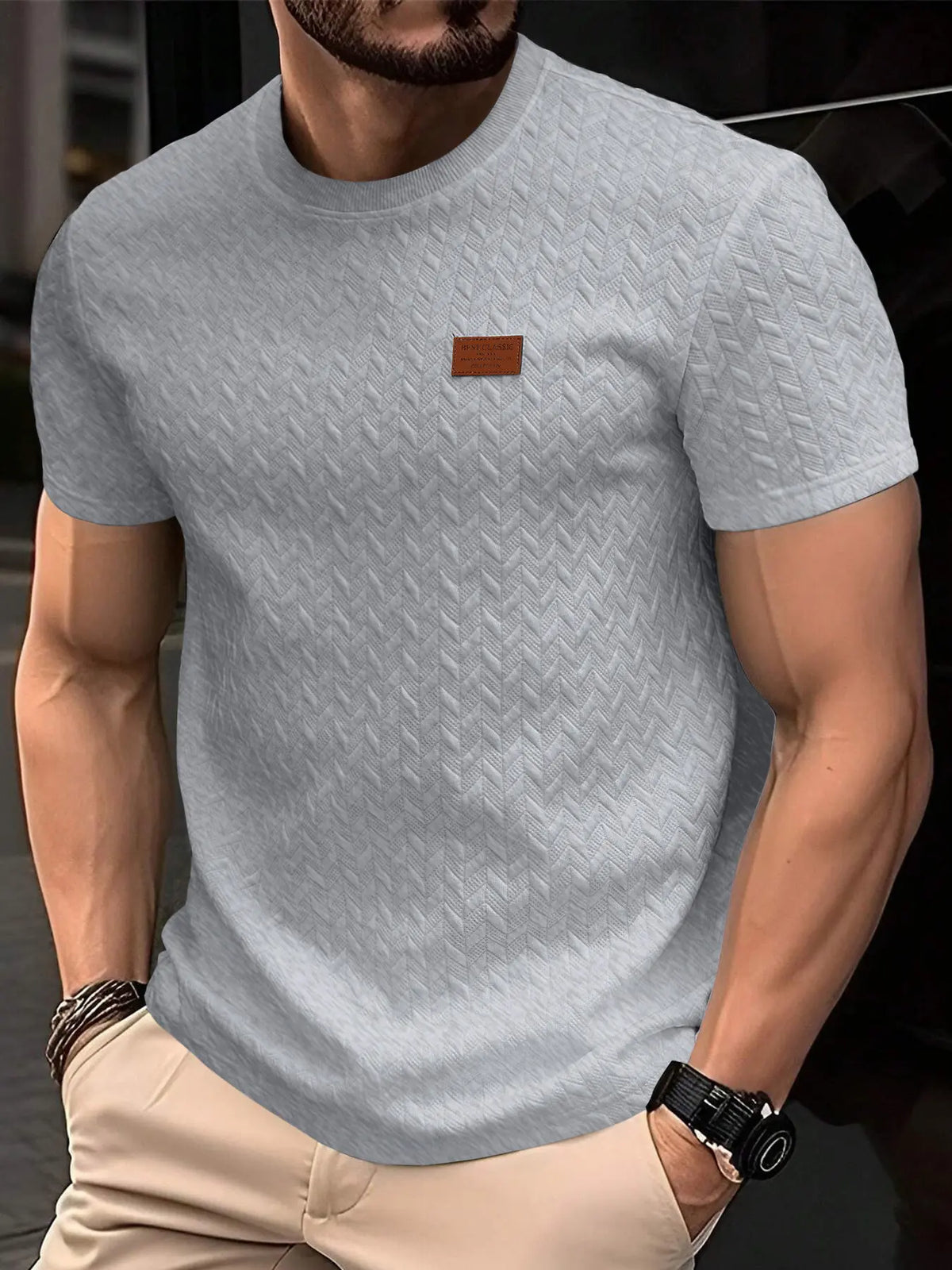 Men's Casual Textured Fabric Short Sleeve Fitted T-Shirt, Ribbed Round Neck Top, Summer Solid Color Plain Fashion Streetwear Men's Clothing, Menswear