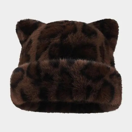 Cute Cat Ear Plush Hat, Fuzzy Leopard Print Winter Beanie, Soft Warm Cuffed Animal Hat for Women and Teens, Daily Wear, Holiday Gift
