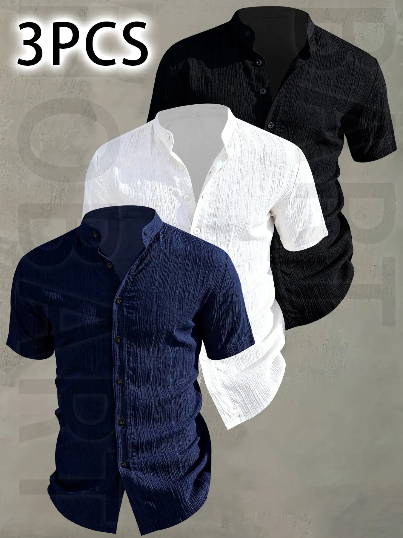 3pcs Men's Summer Lightweight Casual Button-Up Shirts with Stand Collar