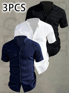 3pcs Men's Summer Lightweight Casual Button-Up Shirts with Stand Collar