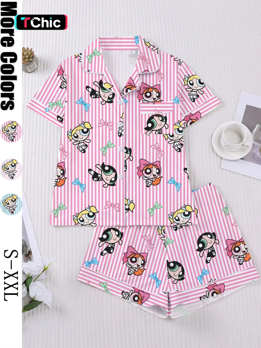 Women's Cartoon Print Short Sleeve Pajama Set with Shorts