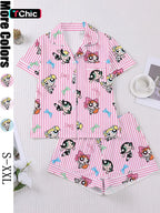 Women's Cartoon Print Short Sleeve Pajama Set with Shorts