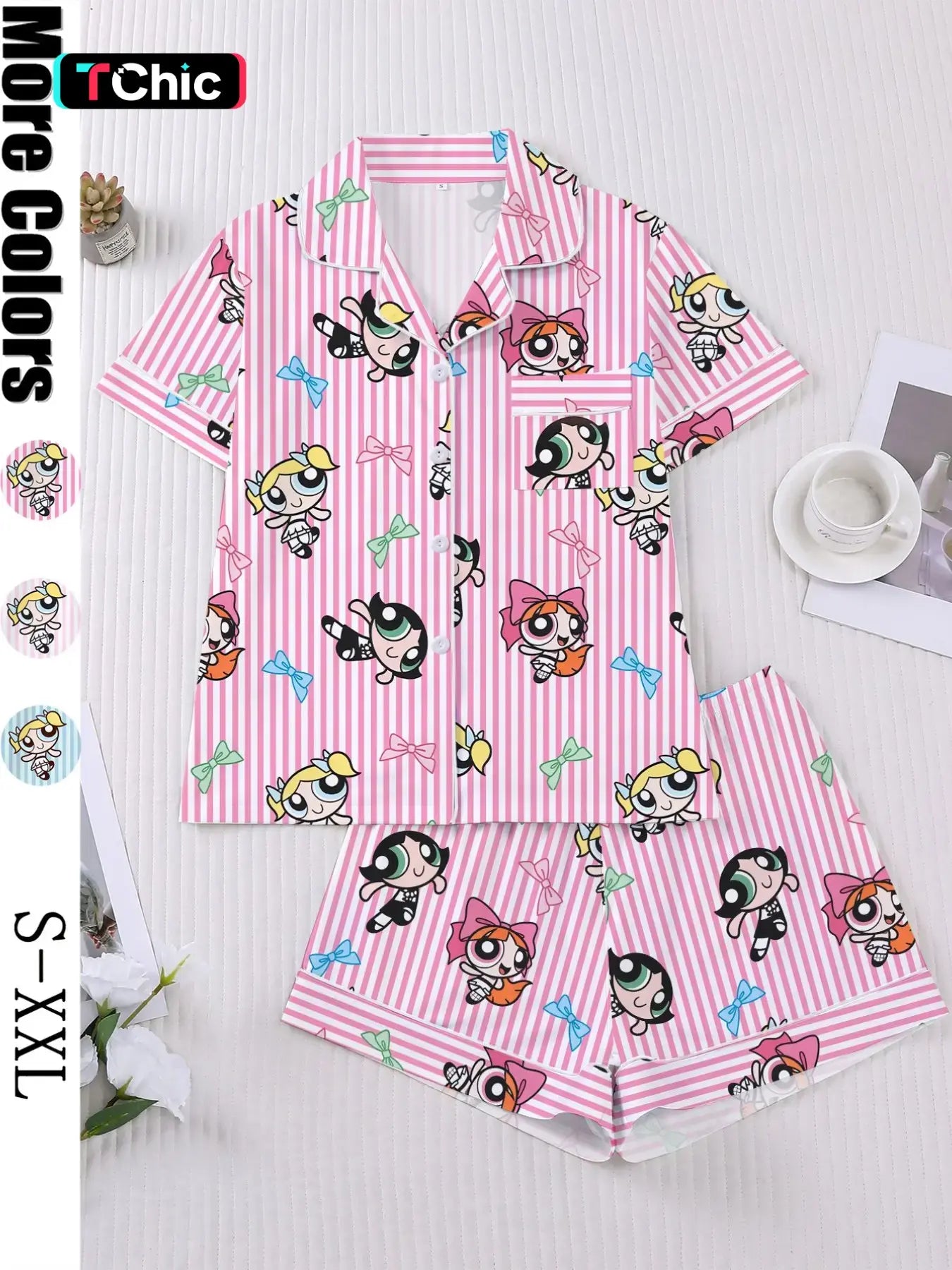 Women's Cartoon Print Short Sleeve Pajama Set with Shorts