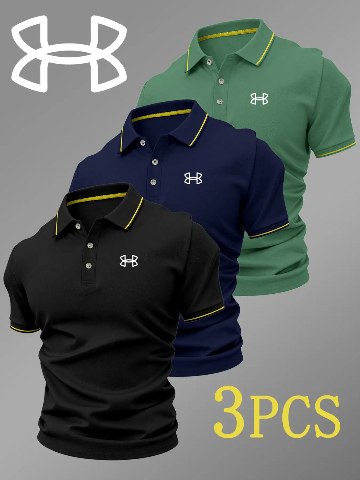 Men's Luxury Golf Polo Shirt Set, 3-Pack, Durable Collared Short-Sleeve Polos with Logo Print, Breathable Stretchy All-Season Casual Wear