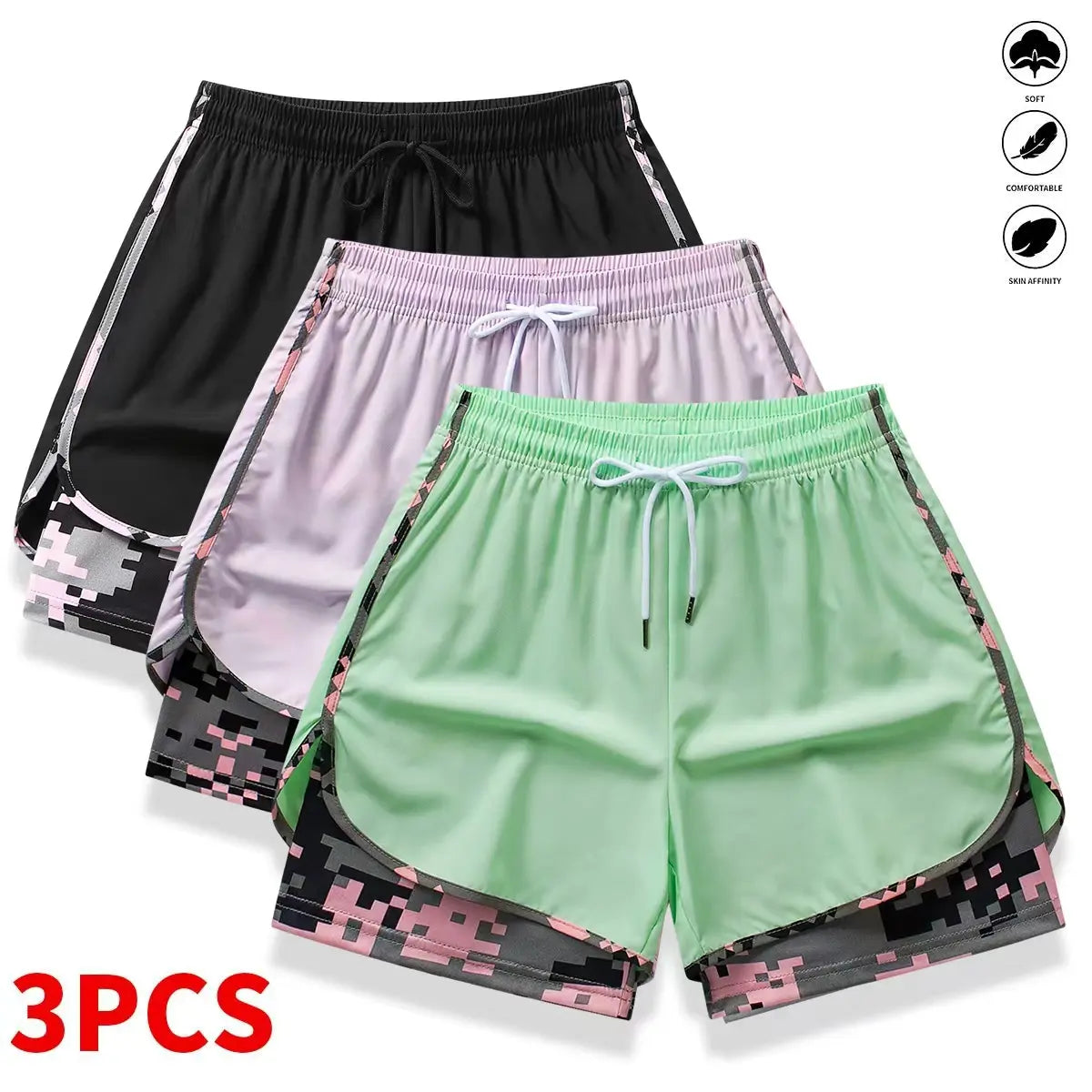 [3-Pack] Women's Athletic Shorts with Liner: Elastic Drawstring Running Shorts