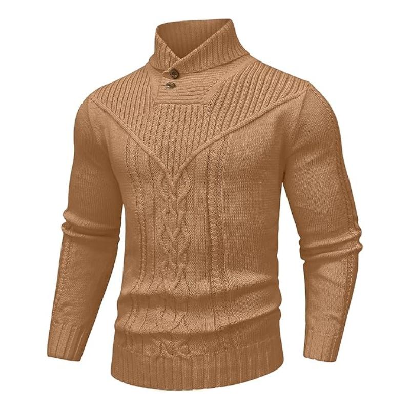 Wizoat Men's Clothing Long Sleeve Shawl Collar Cable Knit Button Fit Knitted Pullover Knitwear - Plain Black, Soft, Relaxed-Fit, Ribbed Cuffs Casual Top, Warm Fall Winter Layer for Daily Office, Matches Shirts Jeans, Hand Wash,sohochic