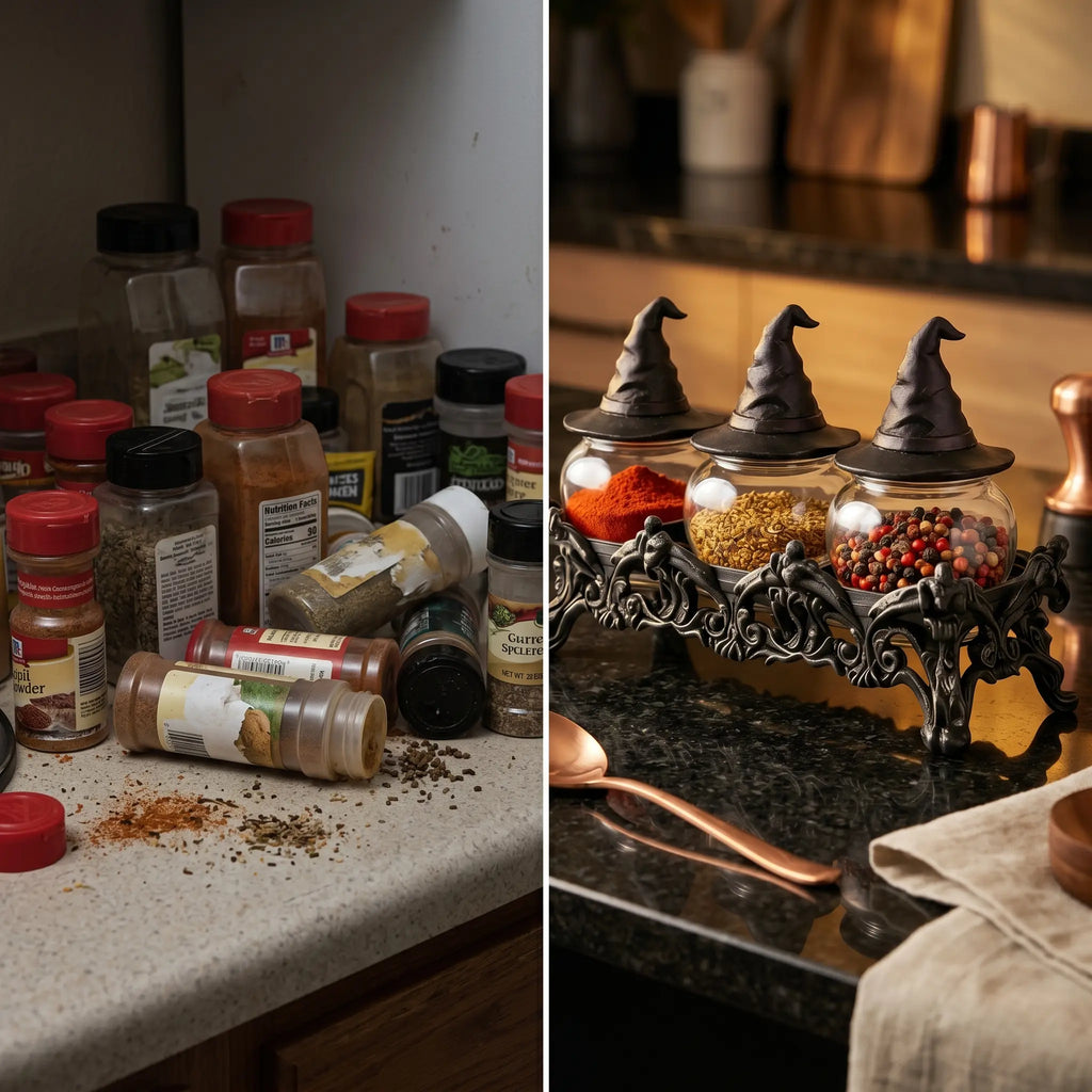 Witch Hat Spice Jar Set of 3 with Gothic Display Stand, Premium Glass Apothecary Spice Jars & Seasoning Containers for Salt, Pepper, Herbs, Spices, Halloween Kitchen Decor, Witchy Home Organization, Gothic Home Decor & Unique Gift
