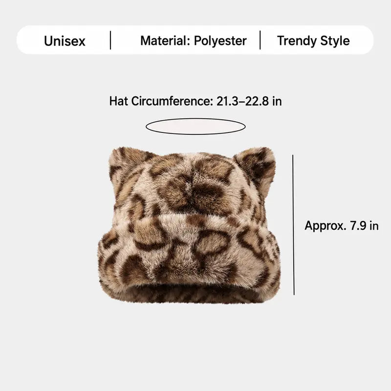 Cute Cat Ear Plush Hat, Fuzzy Leopard Print Winter Beanie, Soft Warm Cuffed Animal Hat for Women and Teens, Daily Wear, Holiday Gift