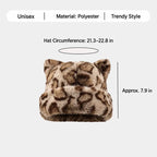 Cute Cat Ear Plush Hat, Fuzzy Leopard Print Winter Beanie, Soft Warm Cuffed Animal Hat for Women and Teens, Daily Wear, Holiday Gift