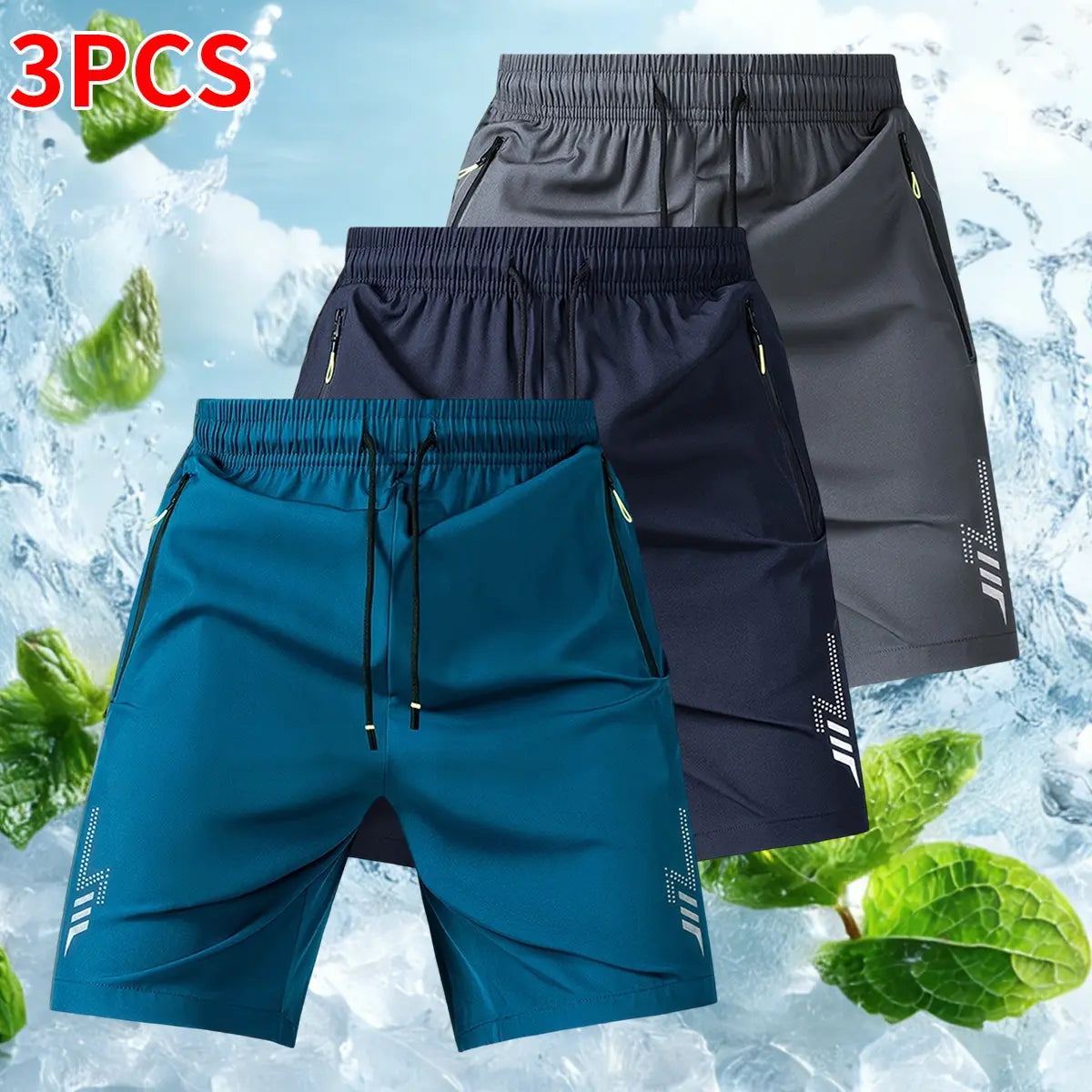 3-Pack Men's Athletic Shorts - Reflective Geometric Prints, Zipper Pockets