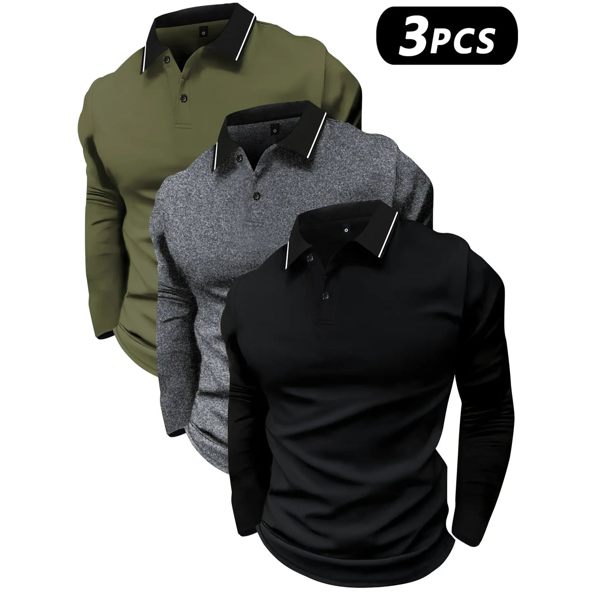 2-Pack Men's Long-Sleeved Lapel Polo Shirts