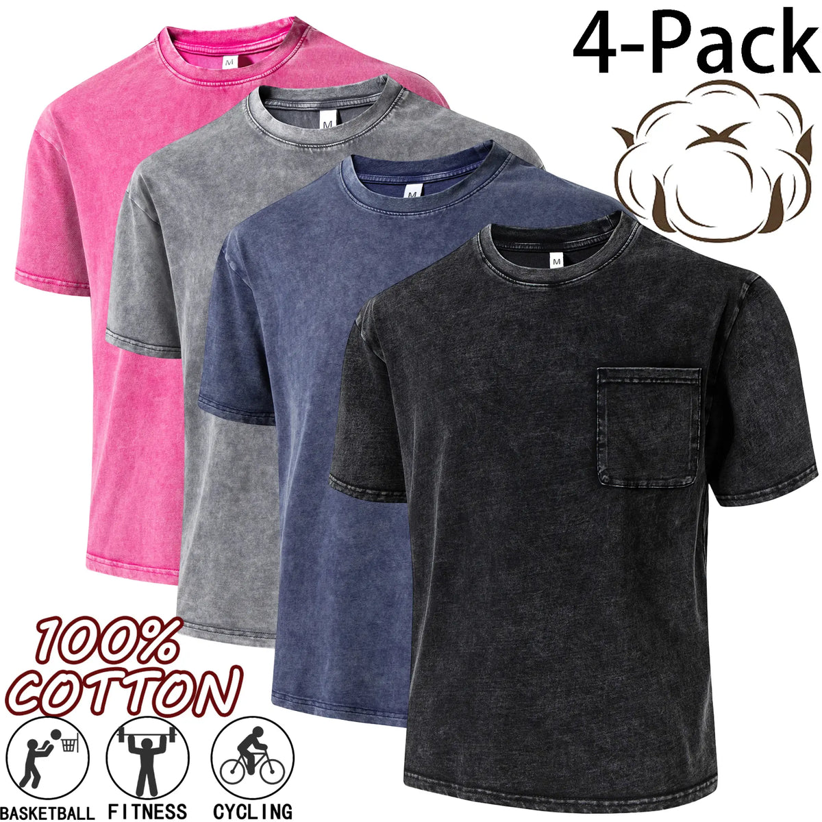 4-Pack Men's Vintage Washed 100% Cotton Crew-Neck T-Shirts