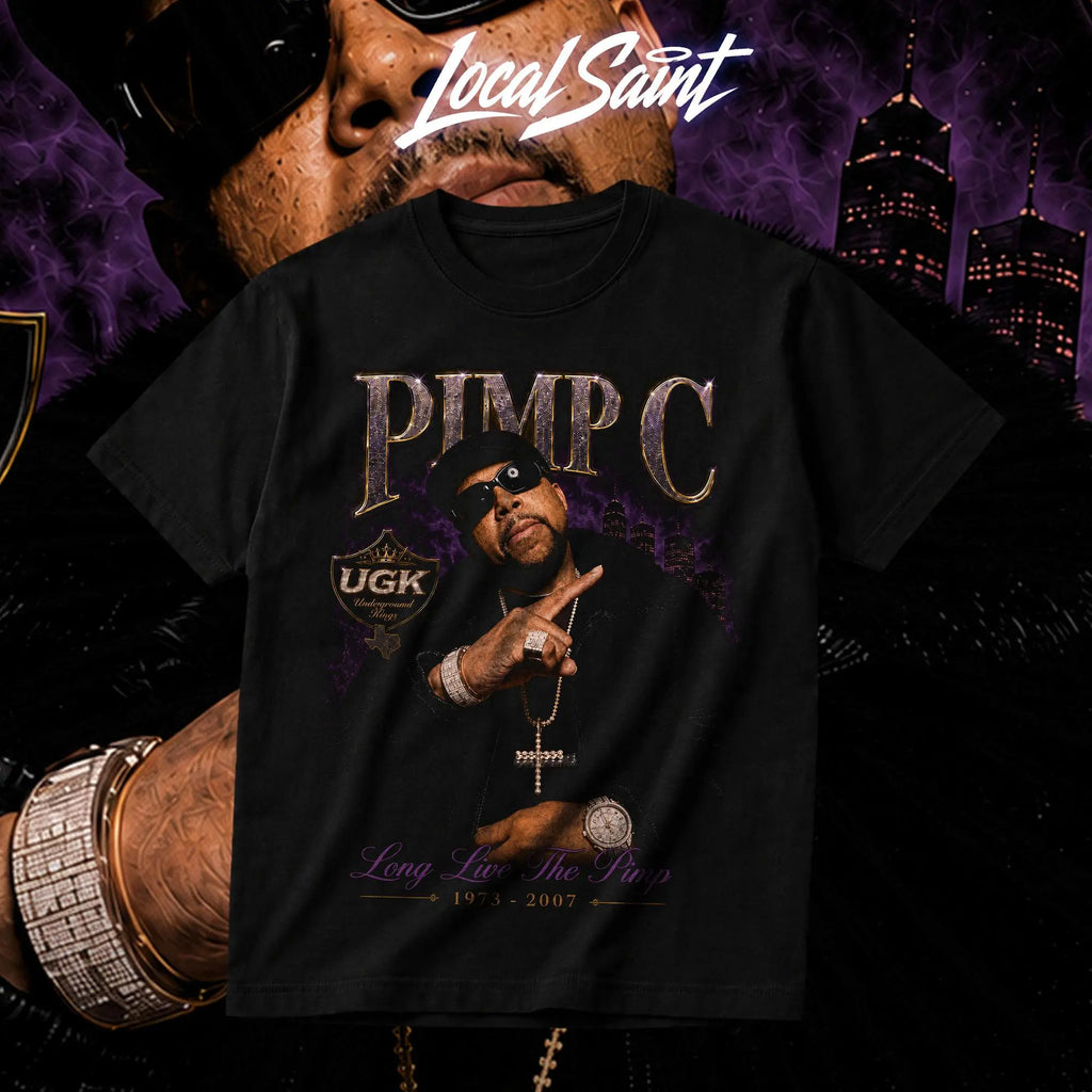 LOCALSAINT Pimp C Long Live The Pimp Heavy Cotton Unisex Graphic T-Shirt Hoodie Houston Rap Texas UGK Underground KingzDJ Screw 713 Crewneck Tee, Vintage Streetwear Graphic T-Shirt Direct To Garment Breathable Print