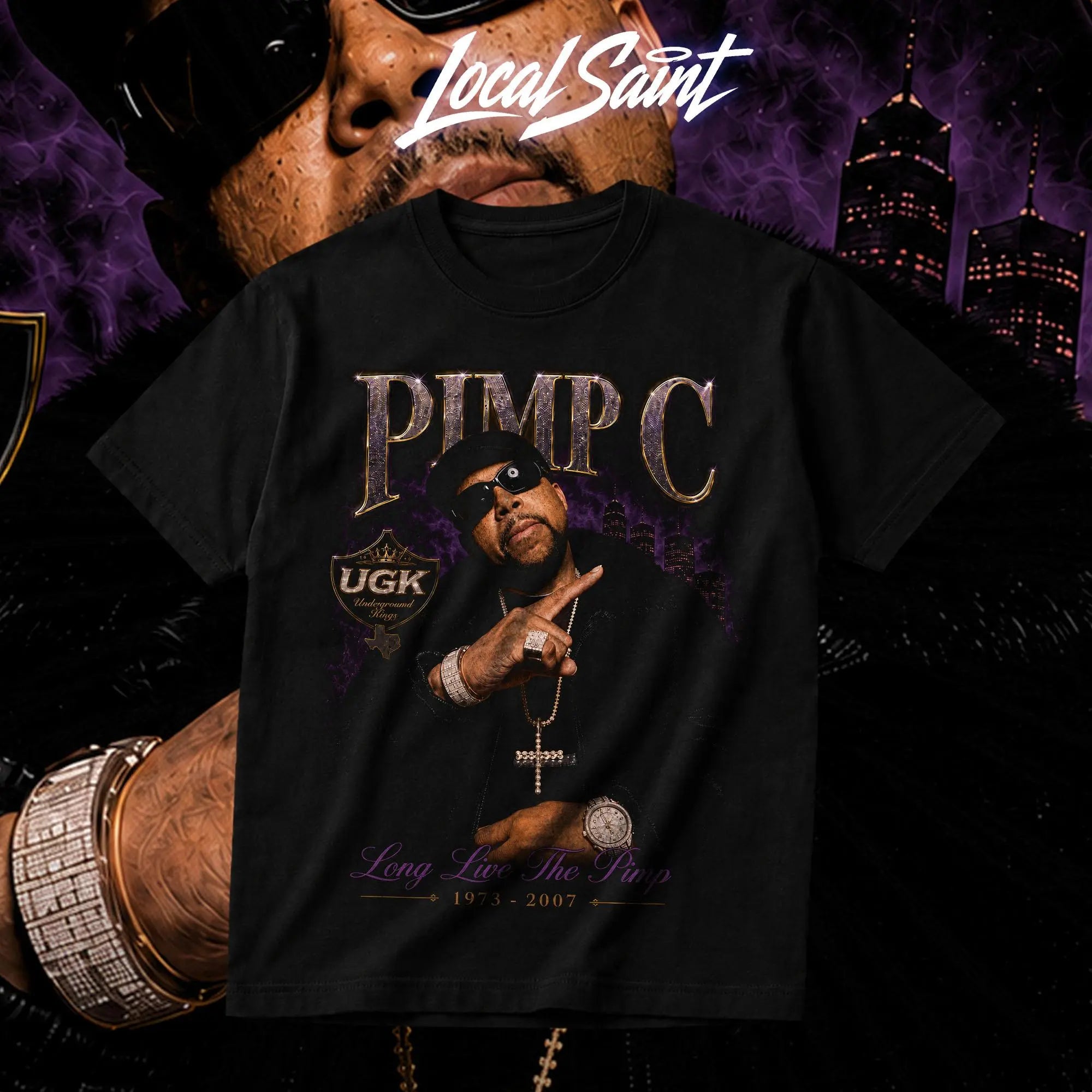 LOCALSAINT Pimp C Long Live The Pimp Heavy Cotton Unisex Graphic T-Shirt Hoodie Houston Rap Texas UGK Underground KingzDJ Screw 713 Crewneck Tee, Vintage Streetwear Graphic T-Shirt Direct To Garment Breathable Print