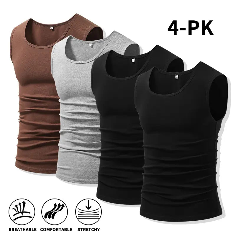 Men 4Pack Cotton Muscle Tank Tops Comfort Stretchy Breathable Summer Workout Sleeveless Sports Undershirts (optional sets of 4 or 2) High Elasticity Lifestyle Beater