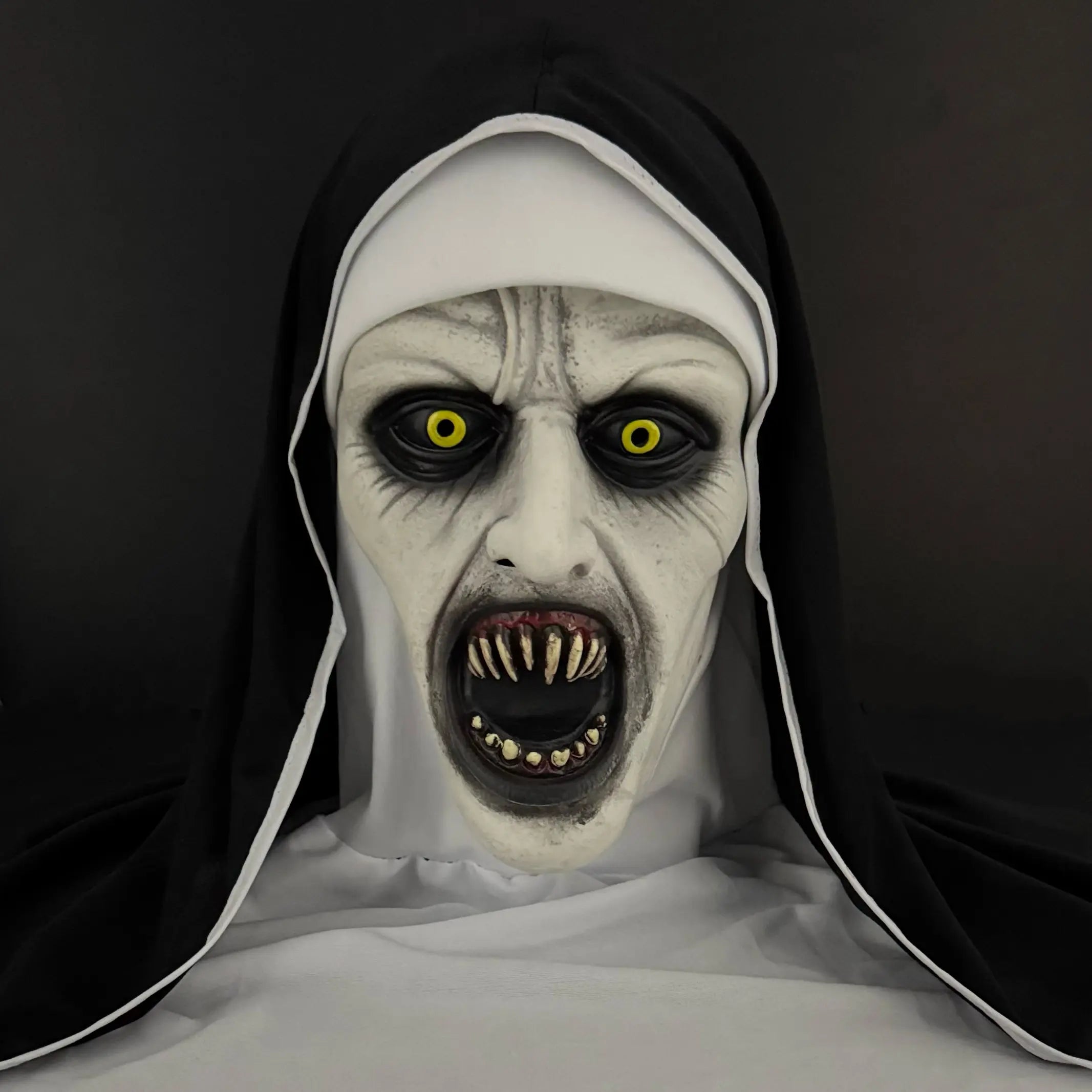Funky Nun Latex Mask for Halloween - Creepy Horror Costume Accessory with Yellow Eyes & Distorted Teeth for Halloween & Cosplay