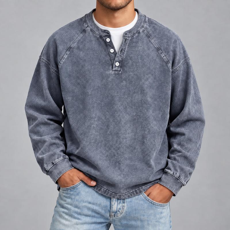 Men's Vintage Washed 3-Button Henley Long Sleeve Plain Pullover, Soft Polyester Oversized Relaxed-Fit Men's Clothing, Dark Brown Casual Streetwear, Dry Clean Compatible Stand Collar Shirt, Everyday Wear Outfits Ribbed Tshirt Wetsuit Menswear Beige Top