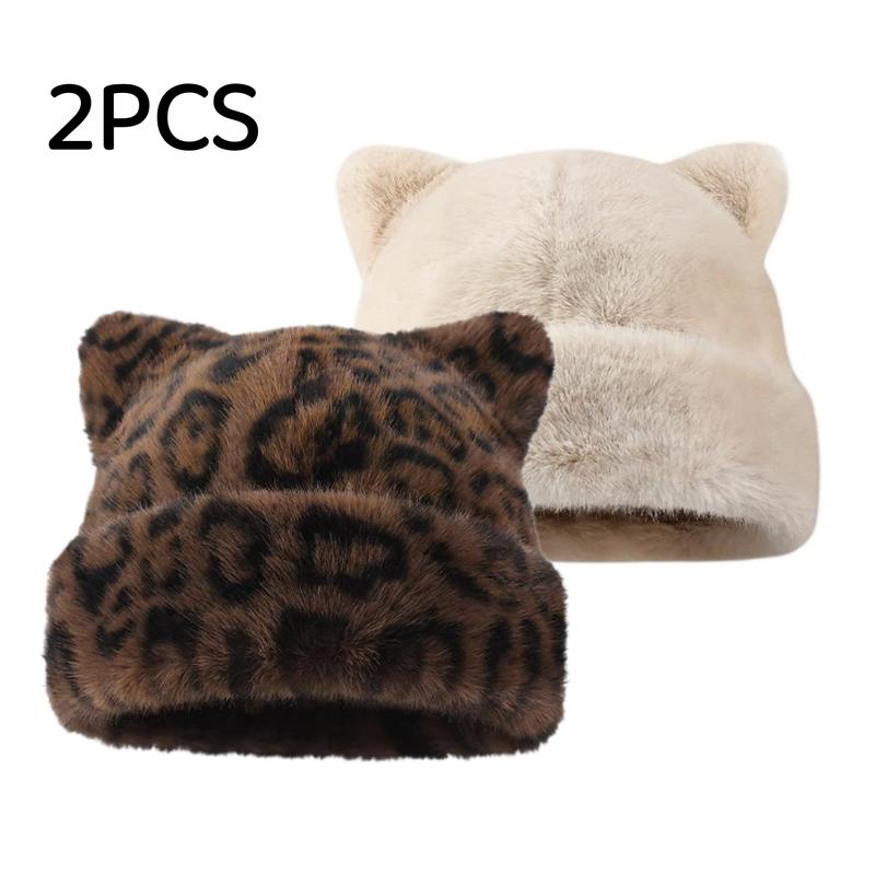 Cute Cat Ear Plush Hat, Fuzzy Leopard Print Winter Beanie, Soft Warm Cuffed Animal Hat for Women and Teens, Daily Wear, Holiday Gift