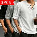 Men’s waffle-knit Henley-collar T-shirt featuring a half-button placket and small stand collar design, breathable textured knit fabric, relaxed drop-shoulder fit, solid color basic top for everyday casual wear.
