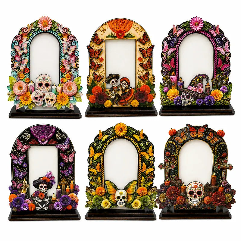 Traditional Día de los Muertos Wooden Picture Frame - Mexican Altar Tabletop Display, Multi-Style Photo Holder with Skulls/Marigolds, Indoor Recreation Home Decor