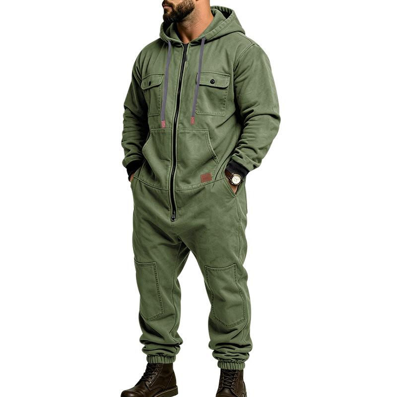 Men’s Hooded Cargo Jumpsuit for Men, Multi-Pocket Zip Front Workwear Coveralls, Relaxed Fit Long Sleeve Utility One Piece Outfit, Outdoor Work Hiking Camping Travel Streetwear Casual Overall with Elastic Cuffs and Drawstring Hood