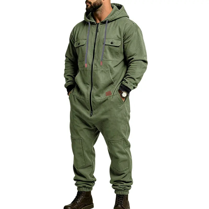 Men’s Hooded Cargo Jumpsuit for Men, Multi-Pocket Zip Front Workwear Coveralls, Relaxed Fit Long Sleeve Utility One Piece Outfit, Outdoor Work Hiking Camping Travel Streetwear Casual Overall with Elastic Cuffs and Drawstring Hood