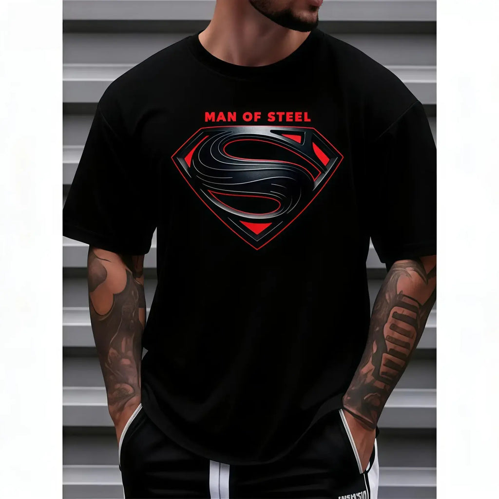 Men's Plus-Size Casual Crew-Neck T-Shirt – Short-sleeve tee with "Man of Steel" graphic print, suitable for everyday wear in spring and summer |   Fun text design, comfortable fit |   Sizes: S–5XL