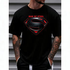 Men's Plus-Size Casual Crew-Neck T-Shirt – Short-sleeve tee with "Man of Steel" graphic print, suitable for everyday wear in spring and summer |   Fun text design, comfortable fit |   Sizes: S–5XL