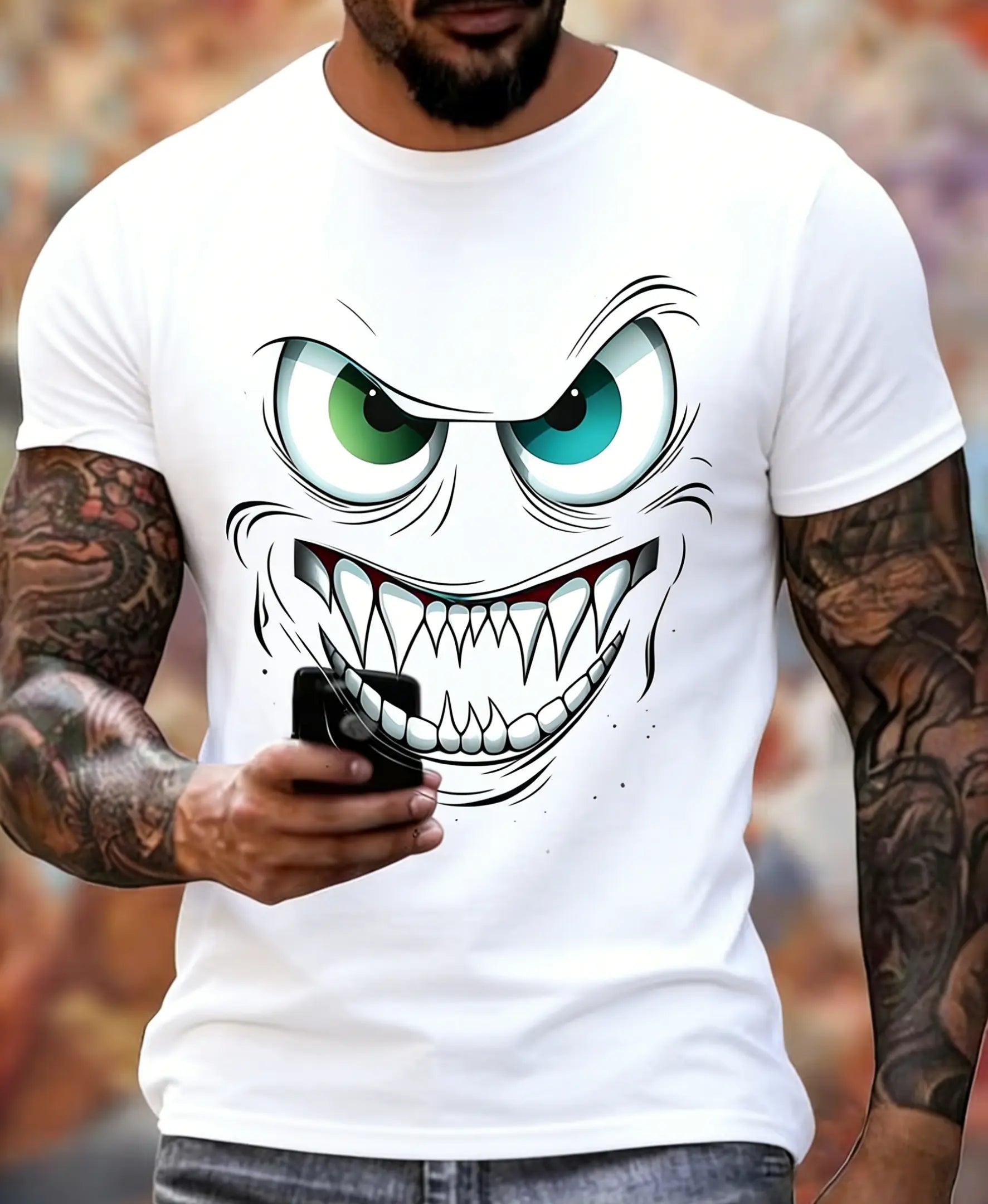 Men's Monster Print T-shirt, Casual Short Sleeve Crew Neck Tee, Men's Clothing For Outdoor 100% cotton