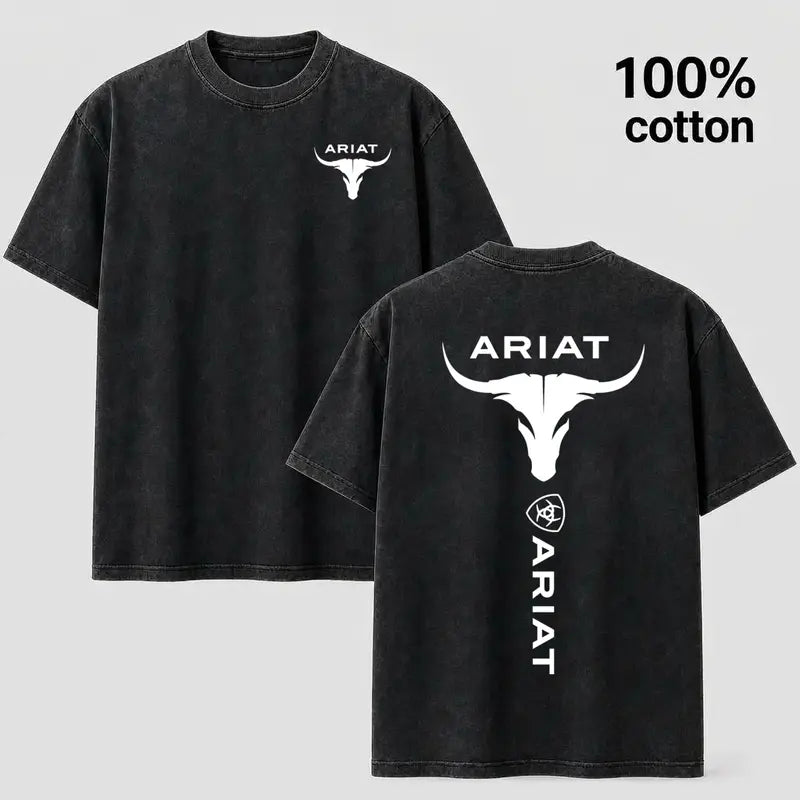 Western Style Bull Skull Graphic T-Shirt, Vintage Mineral Wash Cotton Tee