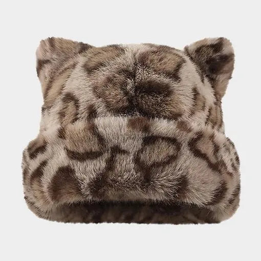 Cute Cat Ear Plush Hat, Fuzzy Leopard Print Winter Beanie, Soft Warm Cuffed Animal Hat for Women and Teens, Daily Wear, Holiday Gift