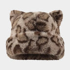 Cute Cat Ear Plush Hat, Fuzzy Leopard Print Winter Beanie, Soft Warm Cuffed Animal Hat for Women and Teens, Daily Wear, Holiday Gift