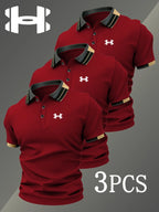 Men's Golf Polo Shirts Set, Fashion Logo Print, Fitted Trendy Casual Geometric Pattern, Breathable Stretchy Fabric, All-Season Comfort, Short Sleeve Polo, Collared Polo Shirts