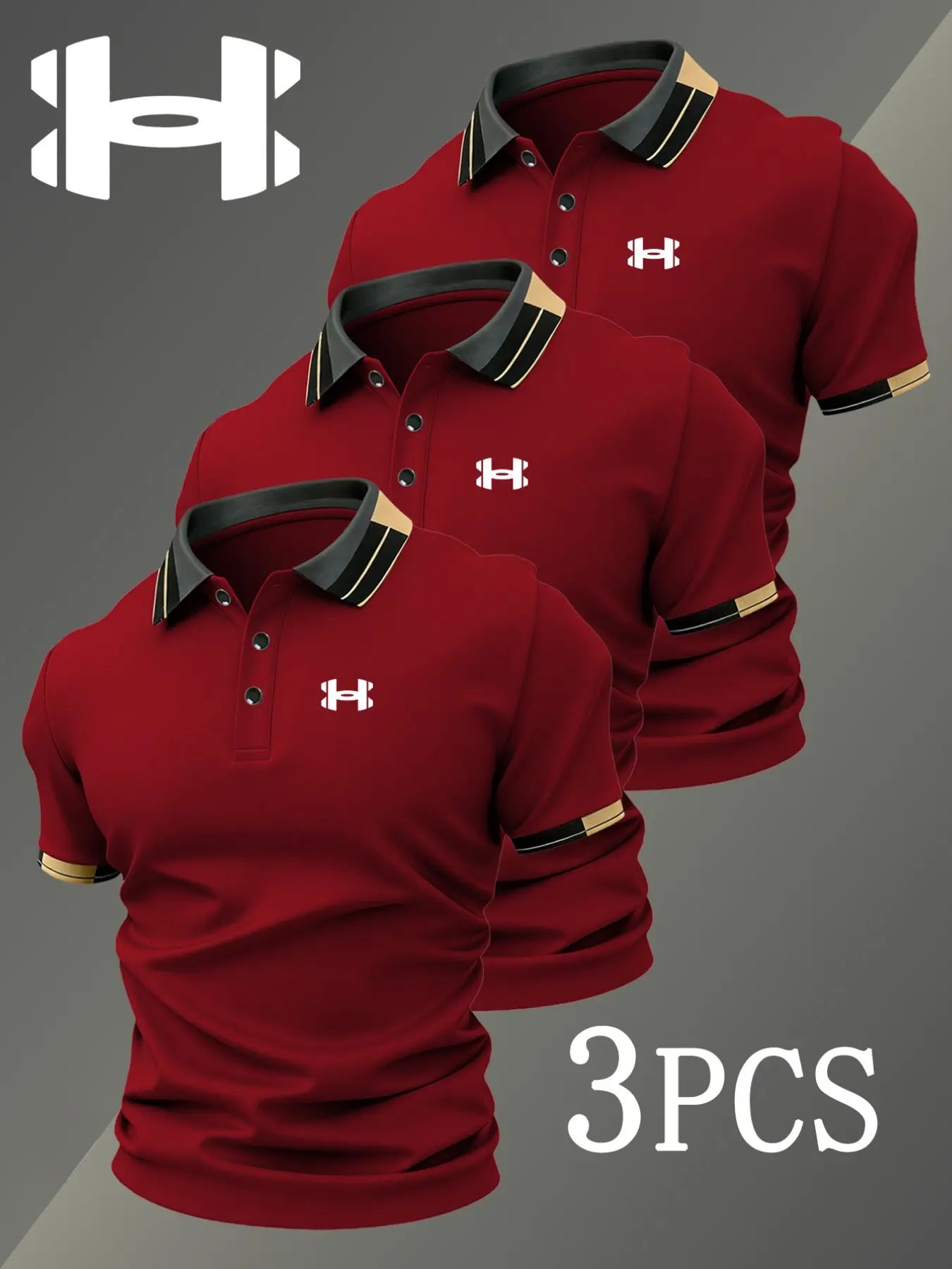Men's Golf Polo Shirts Set, Fashion Logo Print, Fitted Trendy Casual Geometric Pattern, Breathable Stretchy Fabric, All-Season Comfort, Short Sleeve Polo, Collared Polo Shirts