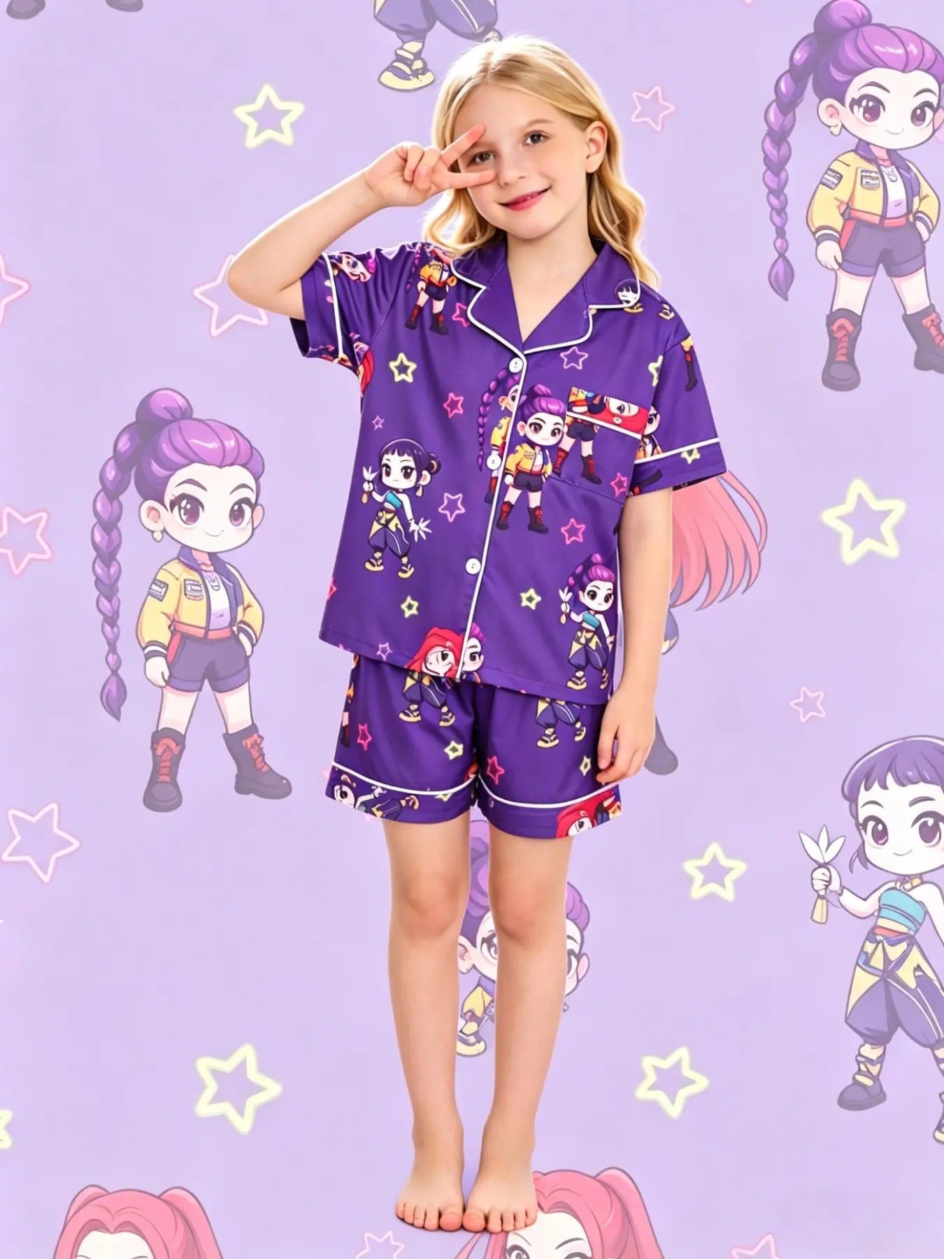 Kids Star Pattern Loungewear Set | Soft Collar Short-Sleeve Top & Shorts