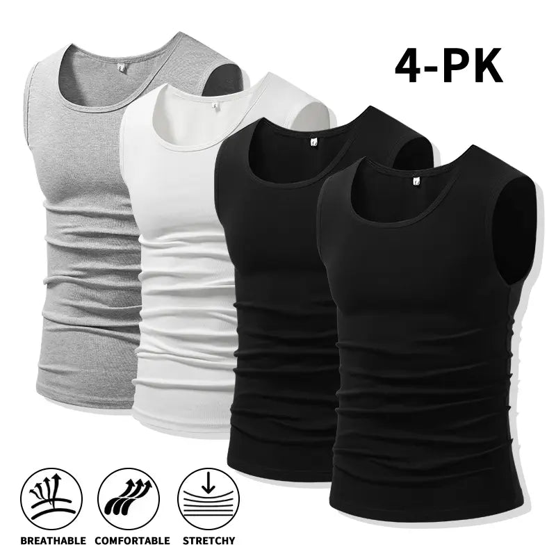 Men 4Pack Cotton Muscle Tank Tops Comfort Stretchy Breathable Summer Workout Sleeveless Sports Undershirts (optional sets of 4 or 2) High Elasticity Lifestyle Beater