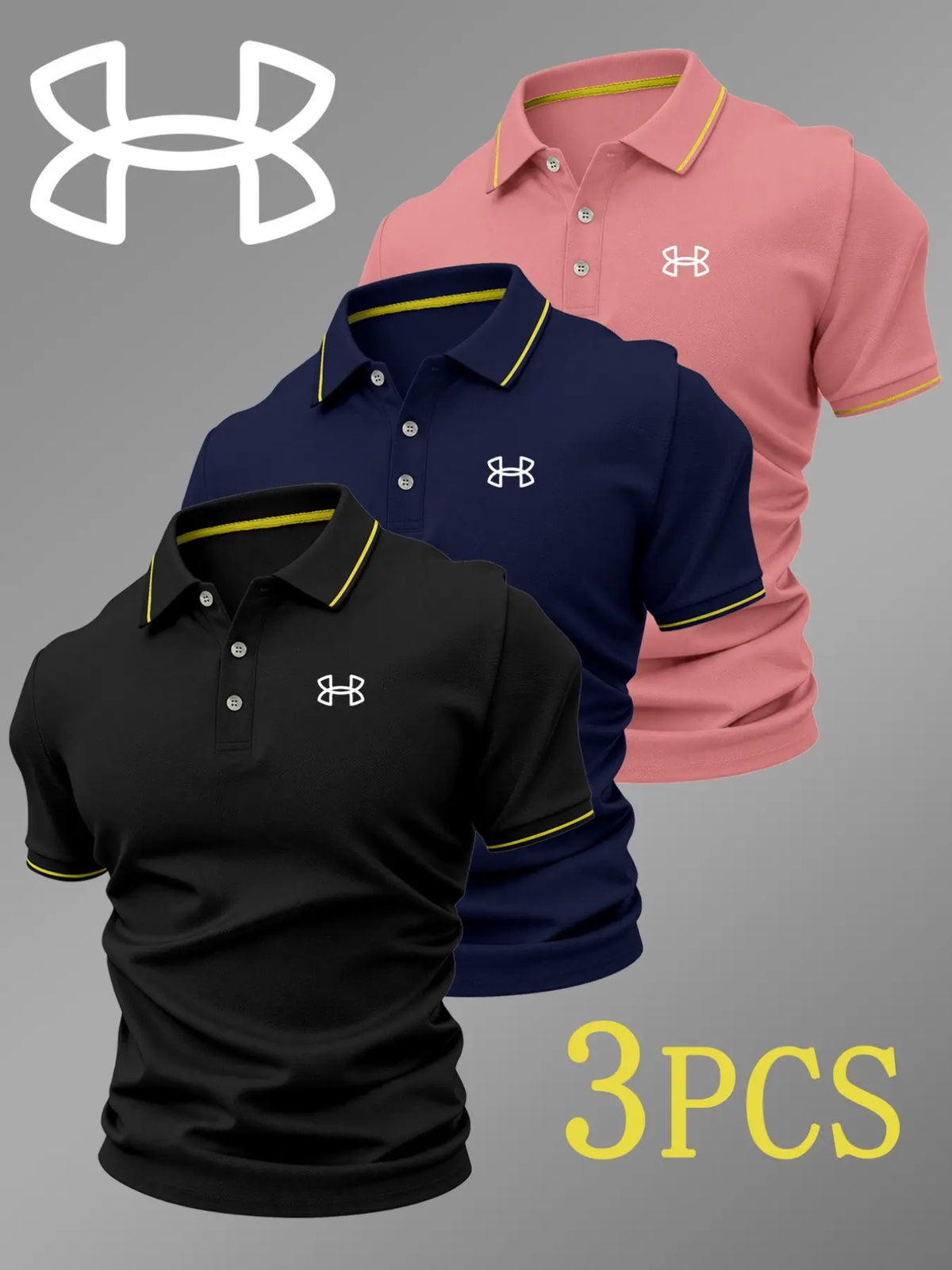 Men's Luxury Golf Polo Shirt Set, 3-Pack, Durable Collared Short-Sleeve Polos with Logo Print, Breathable Stretchy All-Season Casual Wear