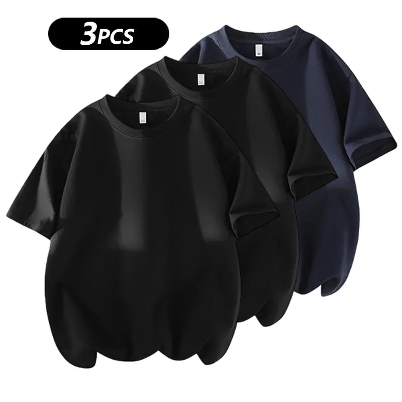 summervibes Men's 3PCS 100% cotton Crew Neck T-Shirts Set - Soft Loose Fit Navy Gray Black Tees for Casual Daily Wear Crewneck Classic
